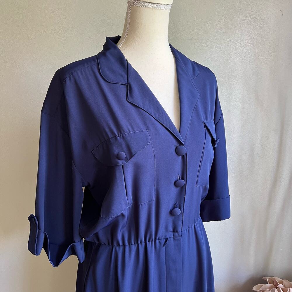 Impressions 80s Vintage Shirt Dress Button Front Pockets Size 8 Navy Blue A Line - Picture 6 of 10